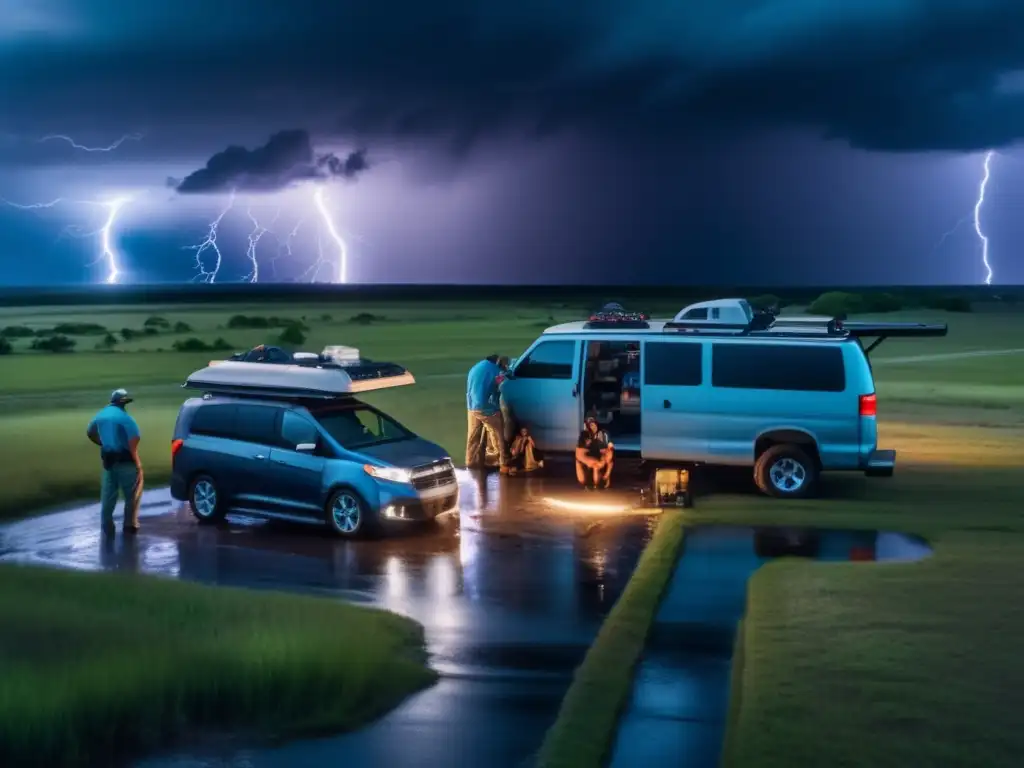 A group of storm chasers huddle around their van in a field as they analyze data and track a brewing hurricane