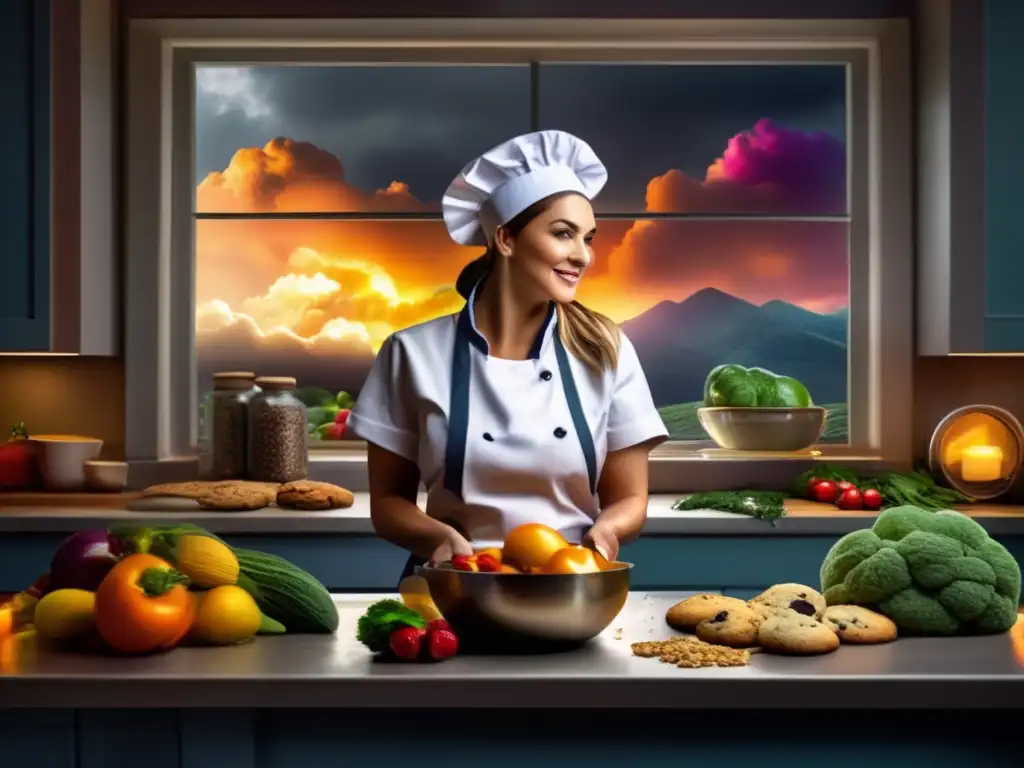 A chef in a cozy kitchen, up to her elbows in colorful fresh produce, with a chef's knife and stormy sky behind