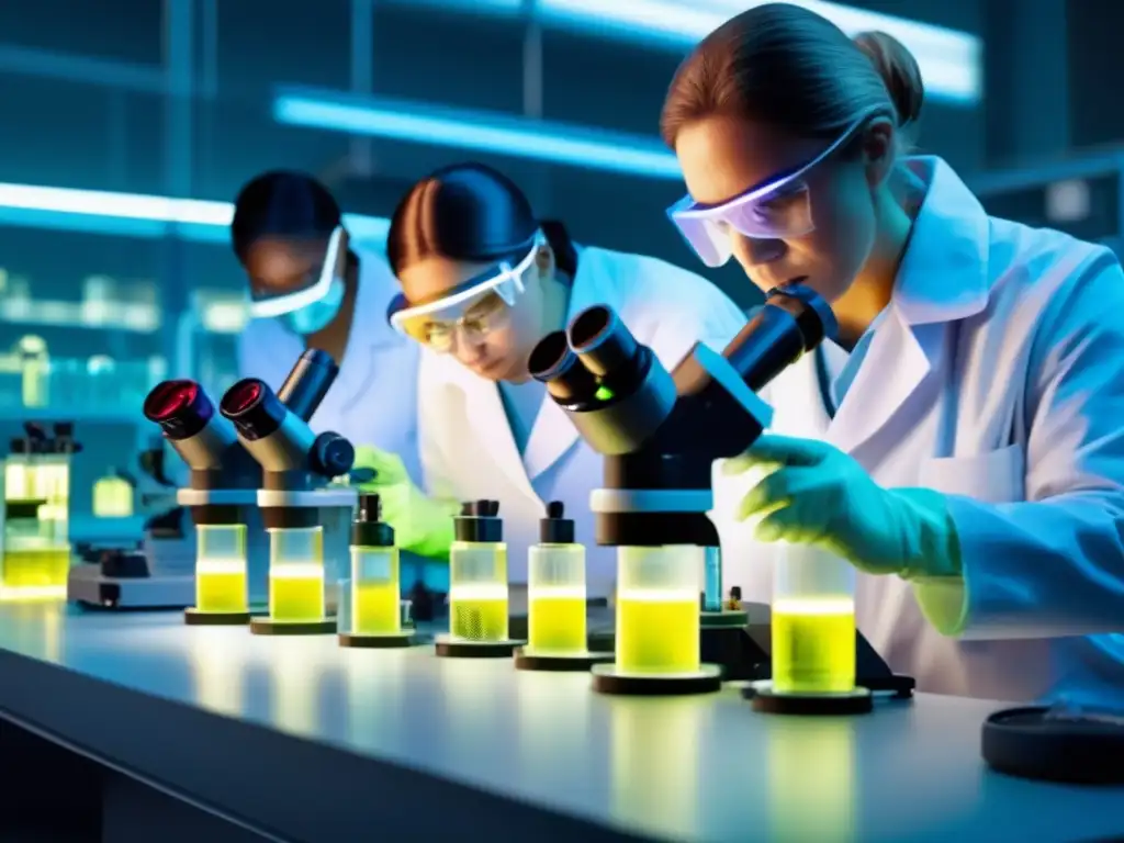 A group of lab workers dressed in white suits meticulously examine reams of light sticks under a microscope in an almost surreal, close-up view of the intricate chemical compounds inside