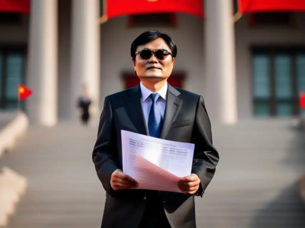 A cinematic portrait of Chen Guangcheng, a blind lawyer, holding legal documents in front of Chinese authorities