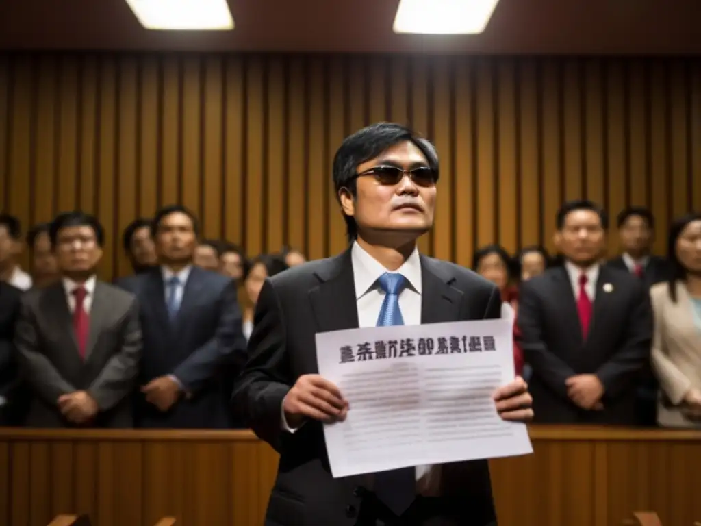 Guangcheng, a tireless advocate for social justice, stands defiantly in a dimly lit courtroom surrounded by government officials