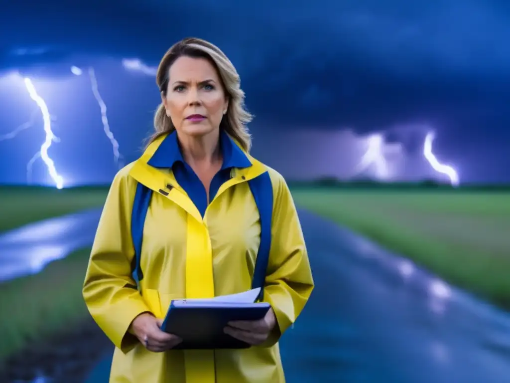 Cherie Diez stands resolute in front of a hurricane scene, wearing a bright yellow raincoat and holding a notepad