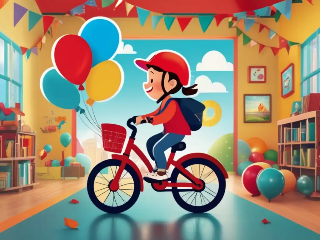 A child on a tricycle in a colorful indoor space, wearing a red helmet and blue jeans, amidst balloons and toys