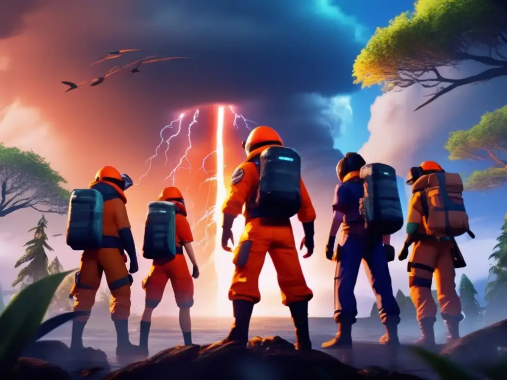 A full-color, cinematic image captures a group of children playing in a hurricane-themed adventure game