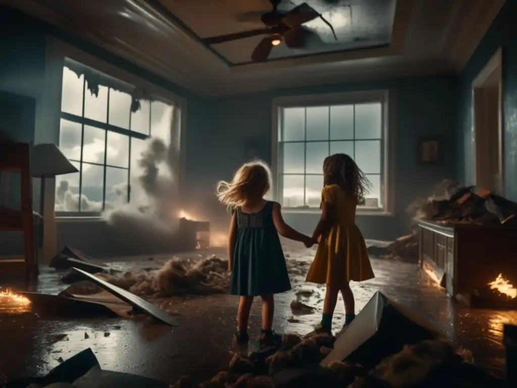 A breathtaking cinematic image captures the essence of children playing innocently in the midst of chaos