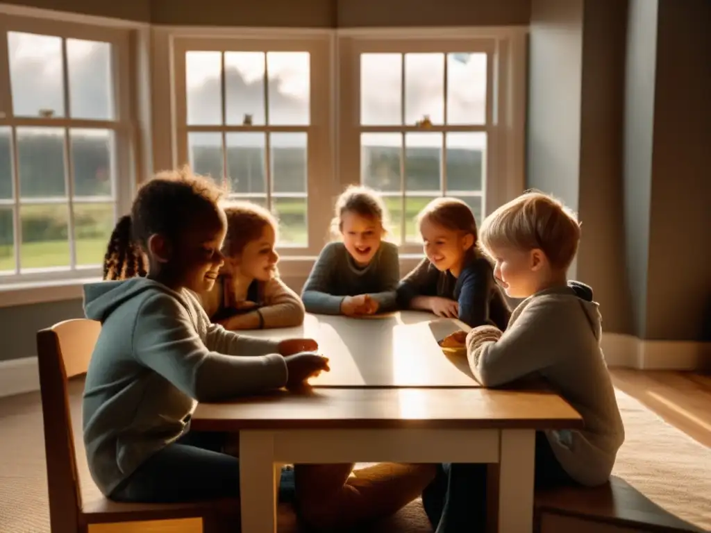 Whimsical children bonding over art and games in sunny room amidst stormy sky