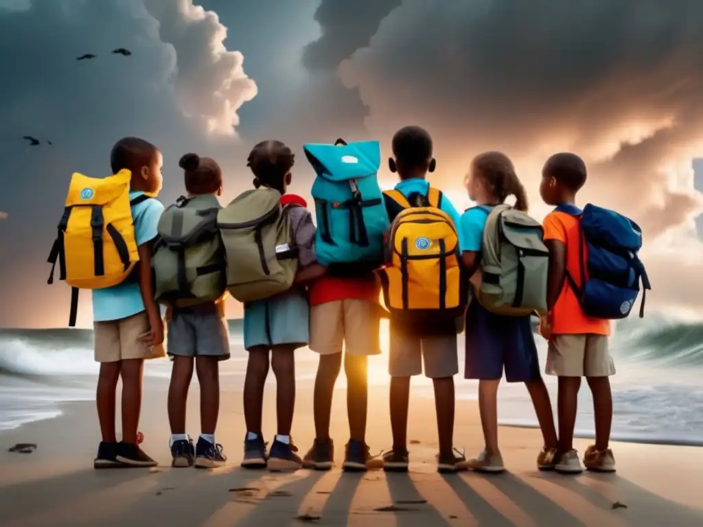 Children clasp hands amidst their hurricane kit display, ready for any storm with backpacks of emergency supplies