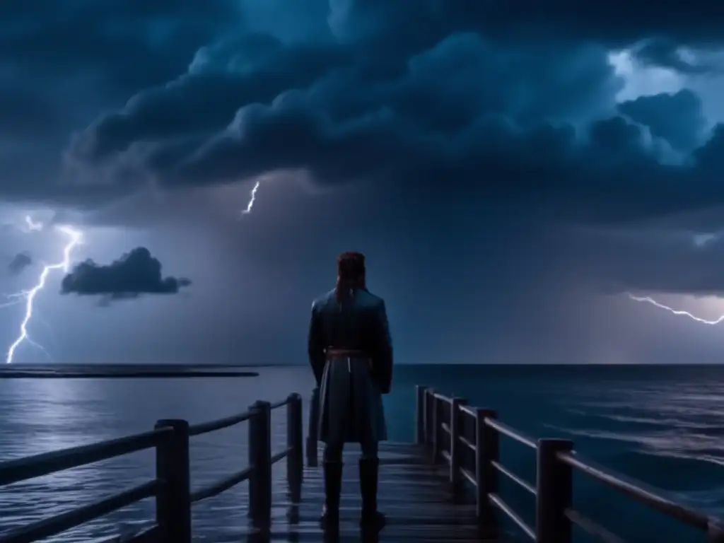 Children bravely face a hurricane on a dock, the water calm and the sky dark