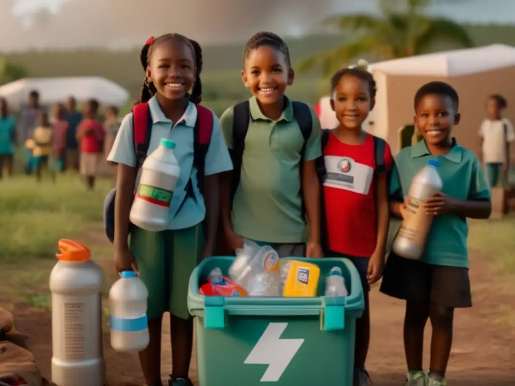 A group of children bravely prepare for the storm, standing tall with essential supplies such as water, food, first aid kits and flashlights