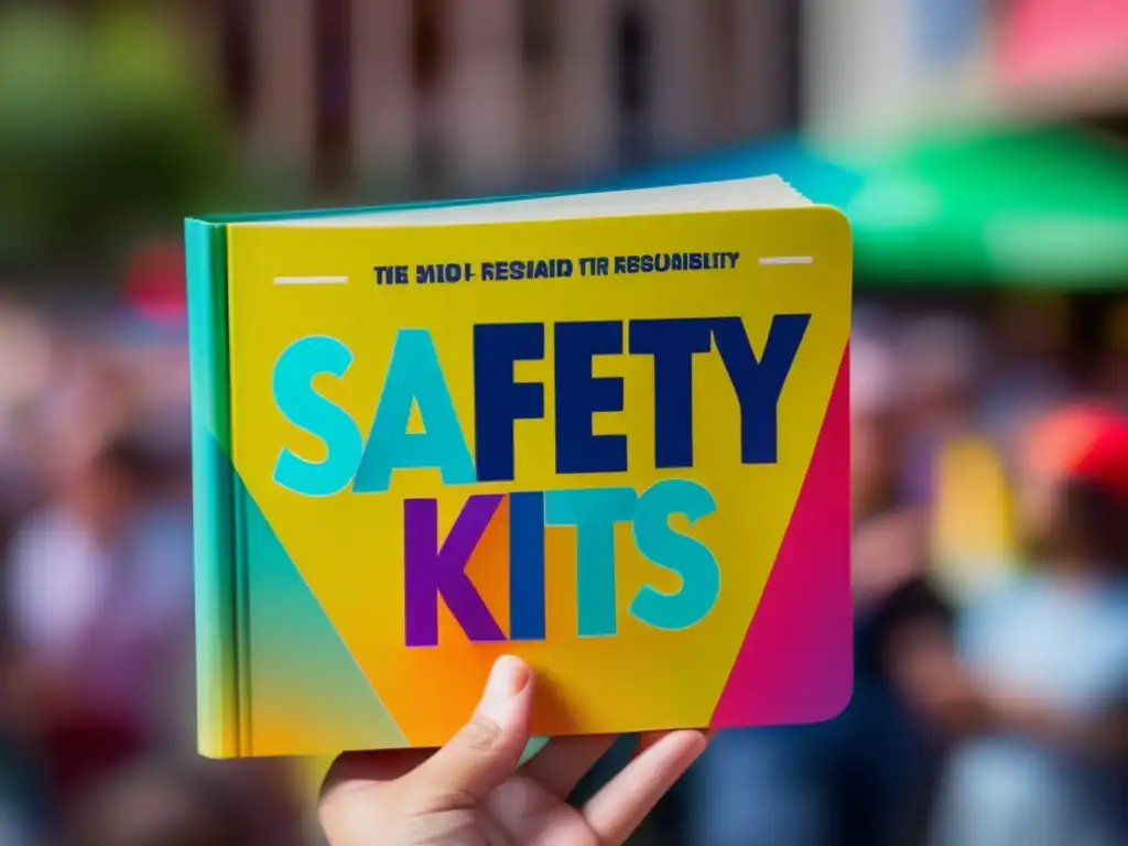 A close-up of a mom holding a colorful book with 'Child Safety Kits' written in bold letters, while her child looks at her with curiosity