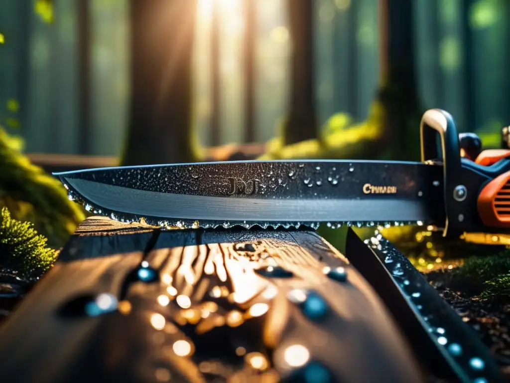 A serene forest scene showcases a sharp chainsaw blade, clearly illustrated with water droplets shimmering on its edge