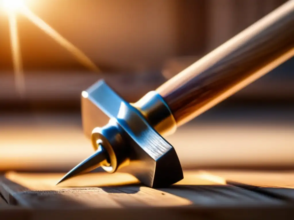 A close-up image of a hammer and nail on wood, with perfect alignment