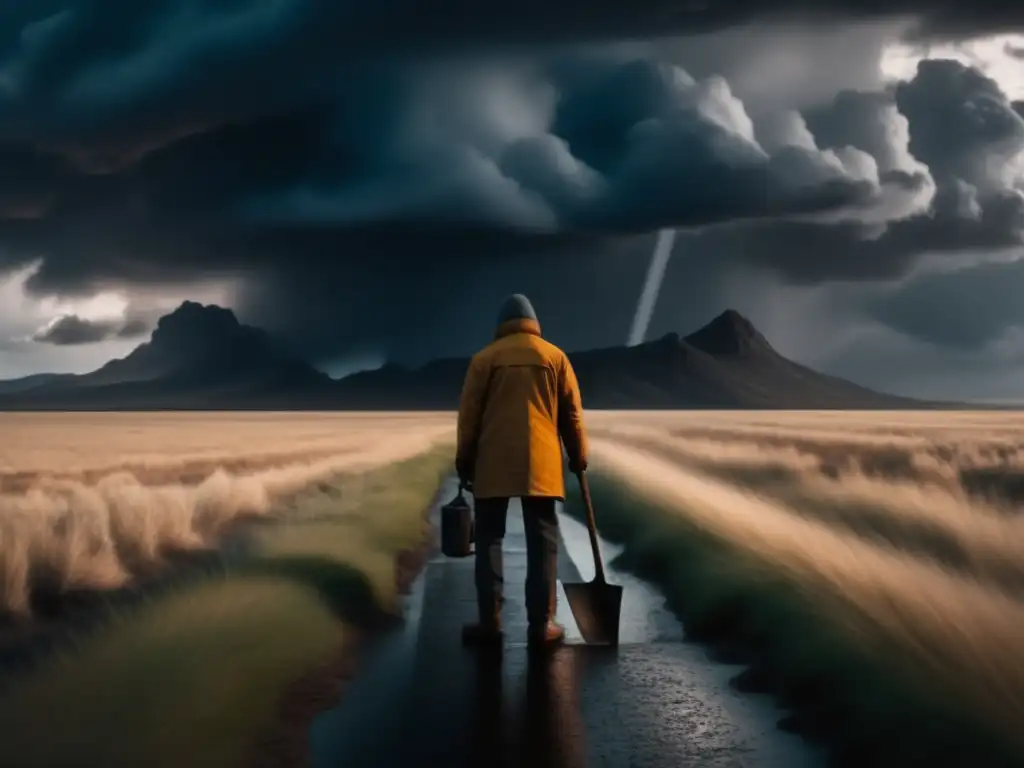 A cinematic landscape image with a lone figure in the foreground surveyed by a stormy sky