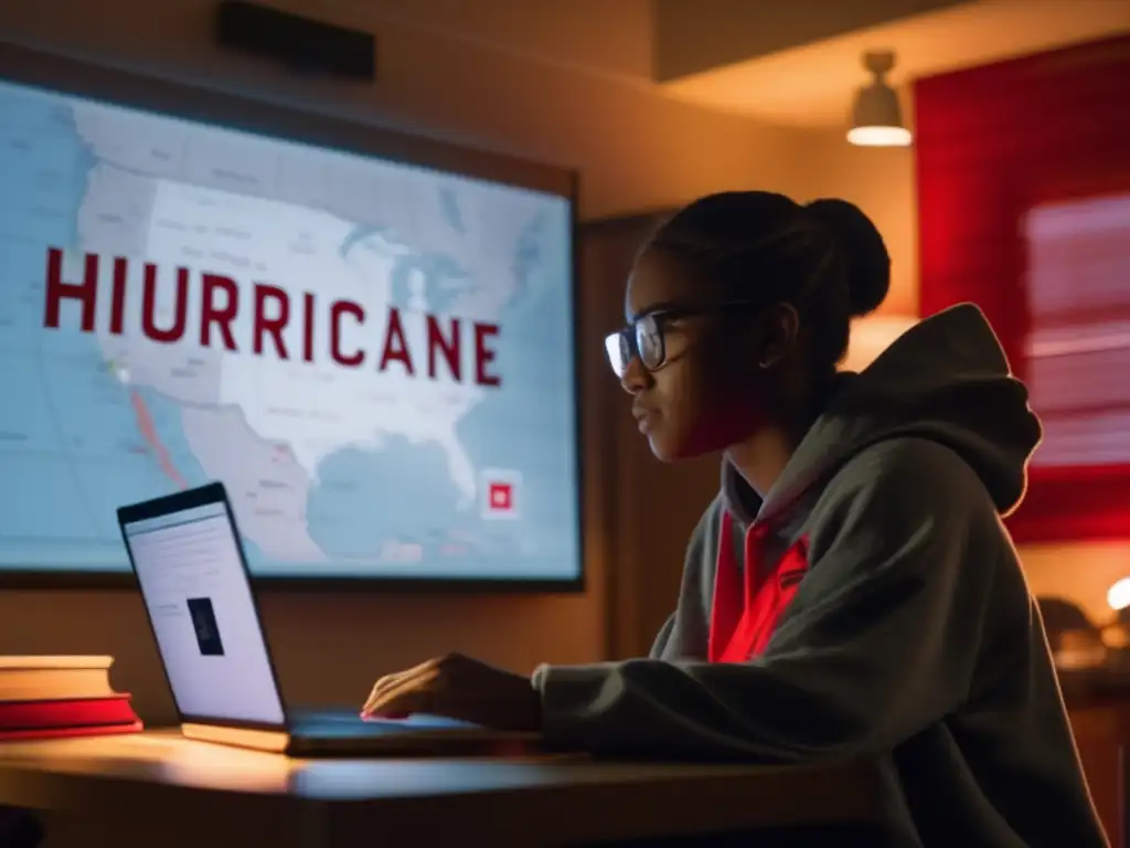 Student, hooded and determined, hunches over laptop, scrolling through storm map