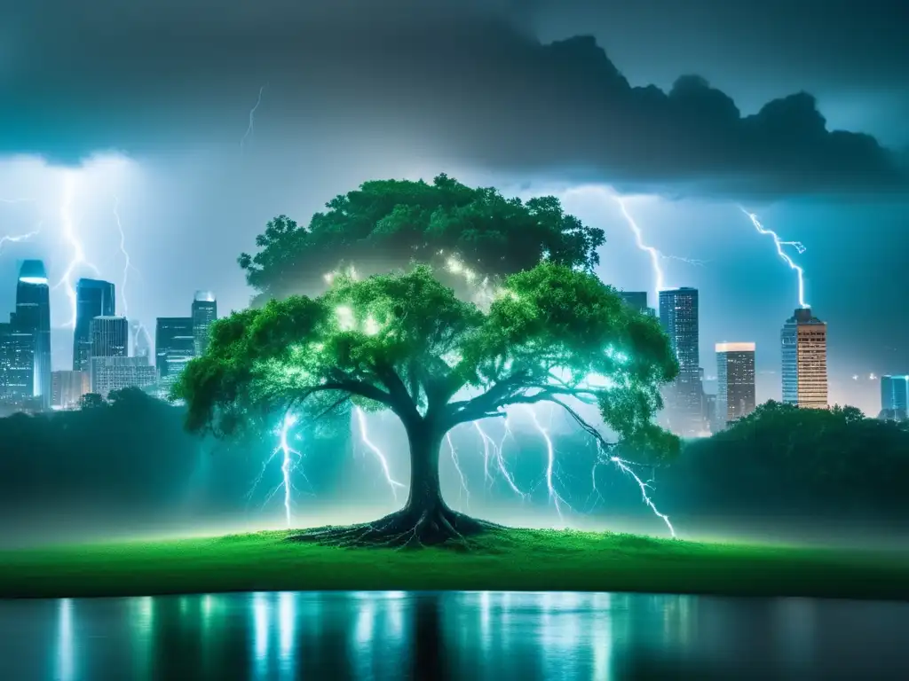 A cinematic image of a lush green tree falling to the ground amidst heavy rain and lightning