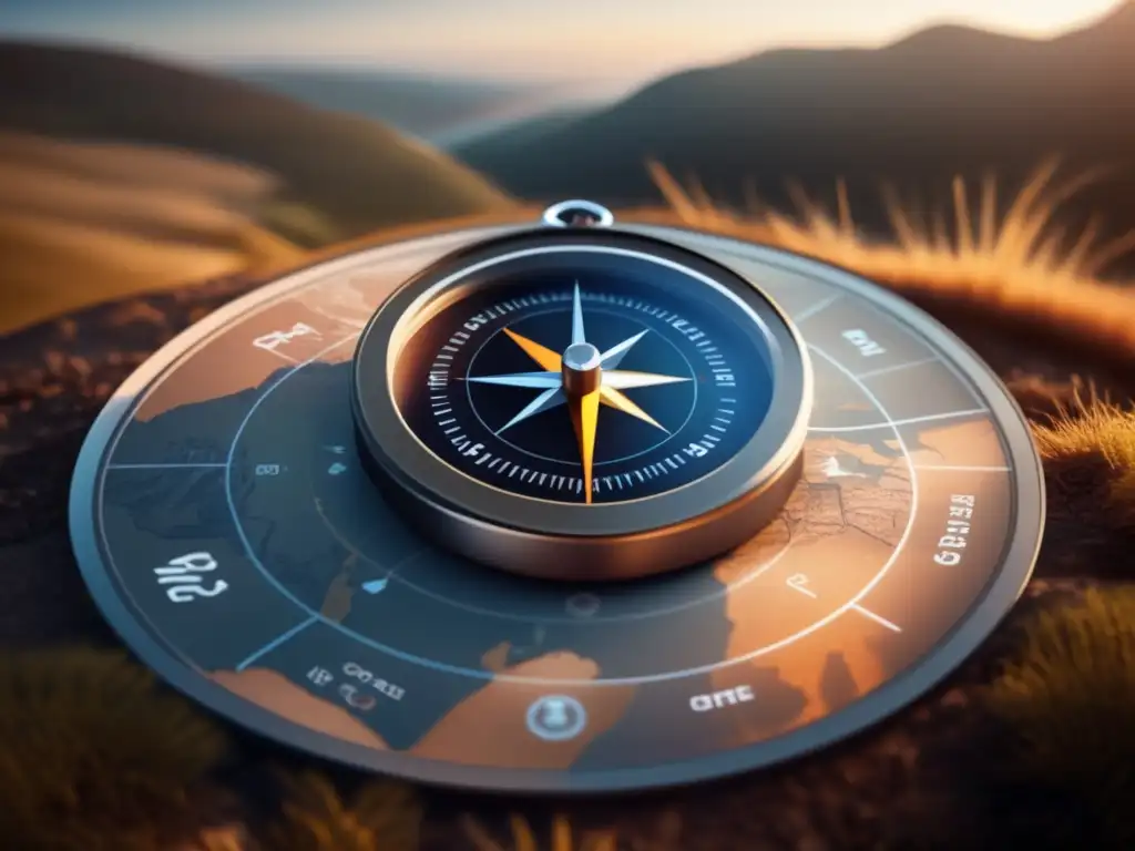 A captivating image that exhibits diverse compasses and GPS devices arranged in a circle on a map surrounded by rugged terrain