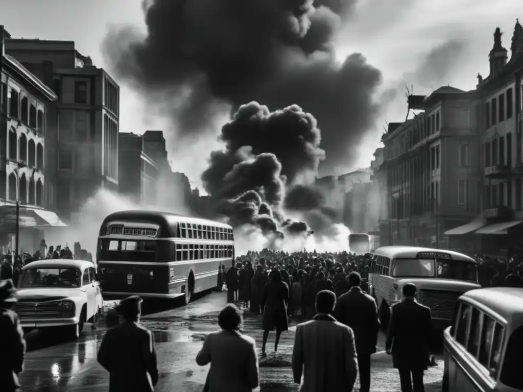 Amidst smoke-filled chaos, a determined group of people prepare to evacuate a city