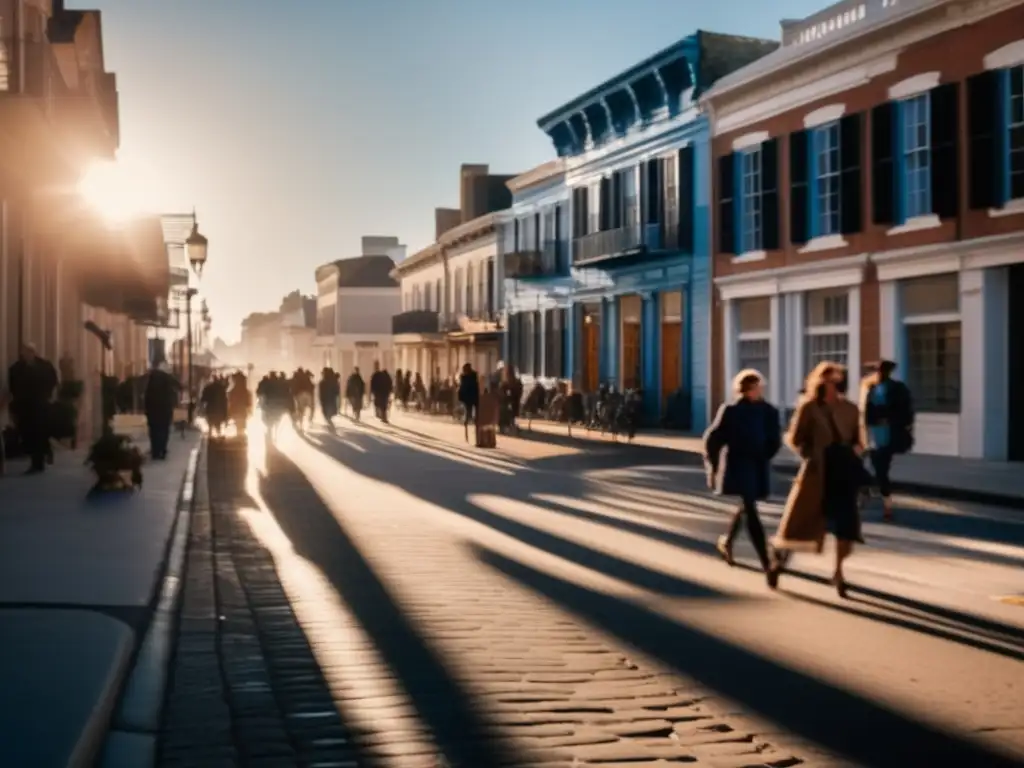 A cinematic image of a bustling city street, with people walking in both directions