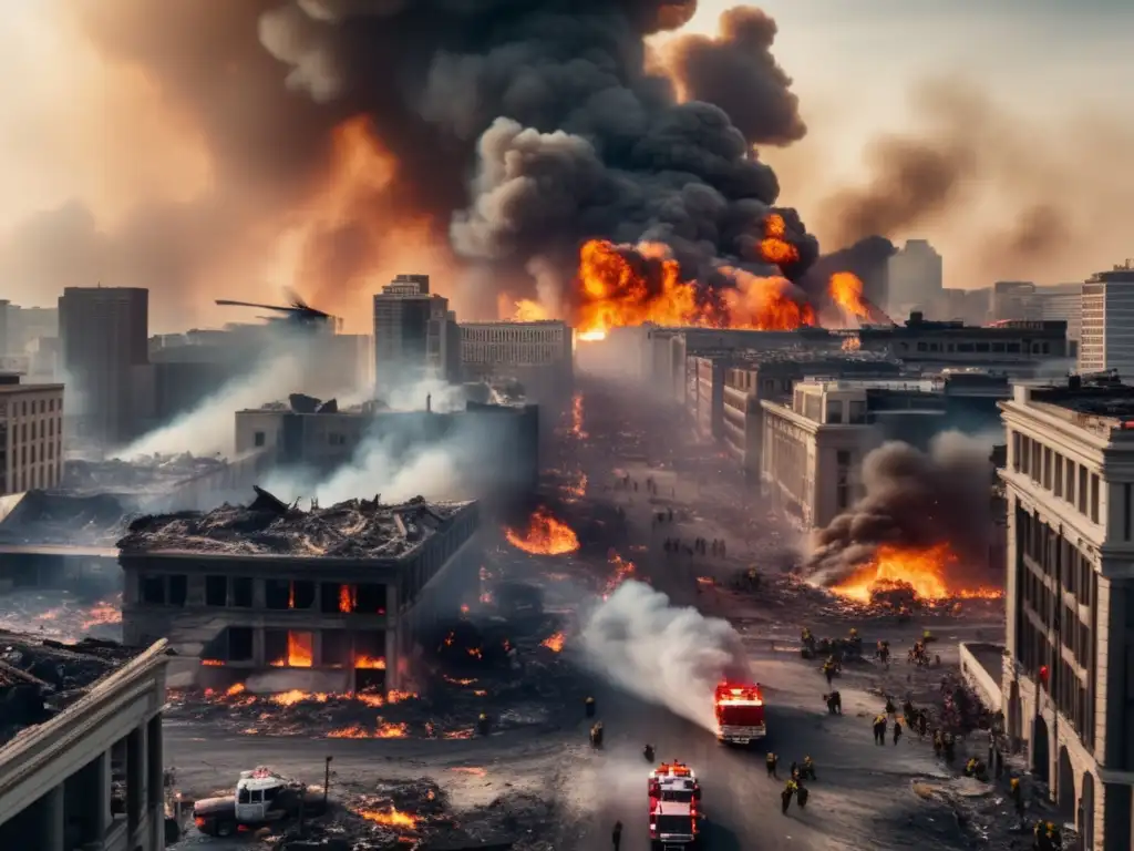 A harrowing panorama of a city in flames, its buildings ablaze and wreckage strewn across the streets