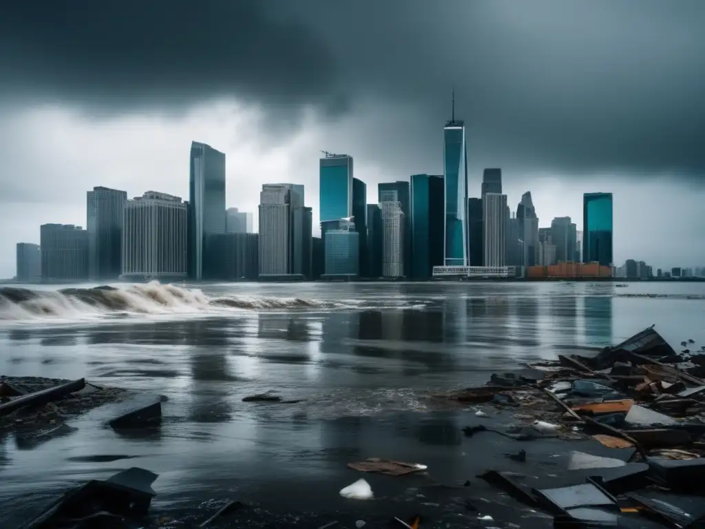 A menacing view of a cityscape, towering structures and busy streets in the foreground, overshadowed by a turbulent ocean with debris-laden waves