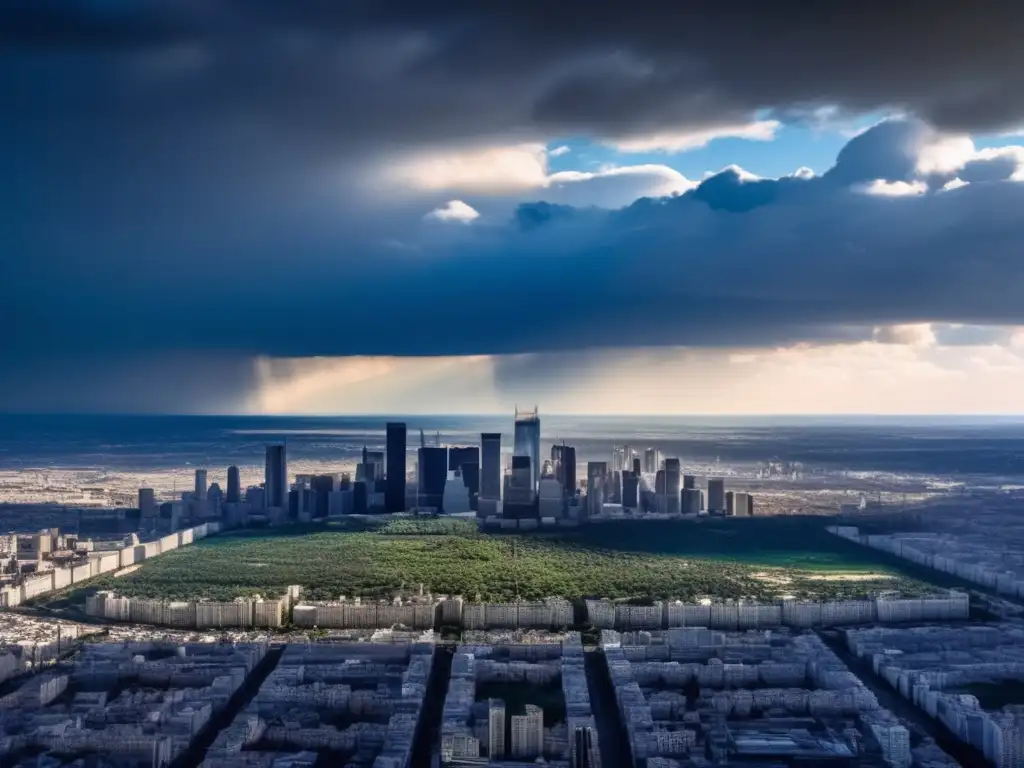 Dash - A stark, dramatic aerial shot of a vast cityscape, with a harsh sun illuminating the buildings and casting stark shadows