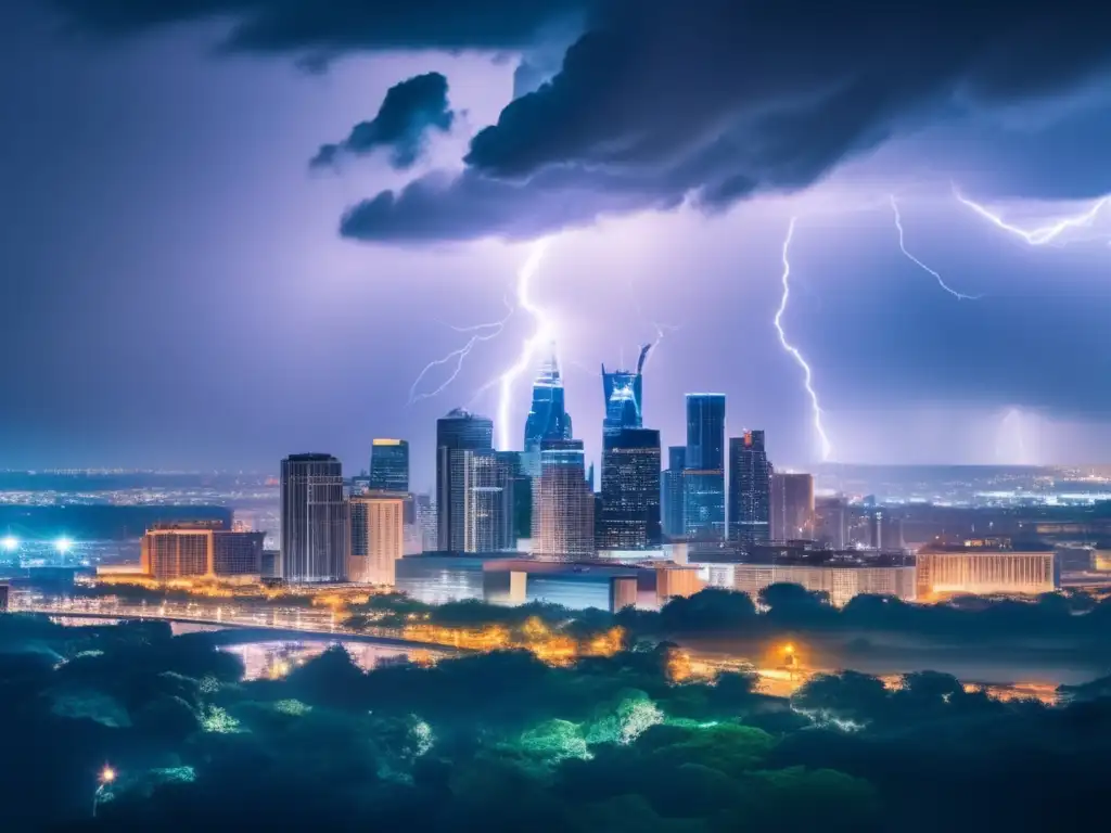 A breathtaking aerial shot of a city skyline bathed in lightning, as dark clouds gather in the background, showcasing the intense power and majesty of weather