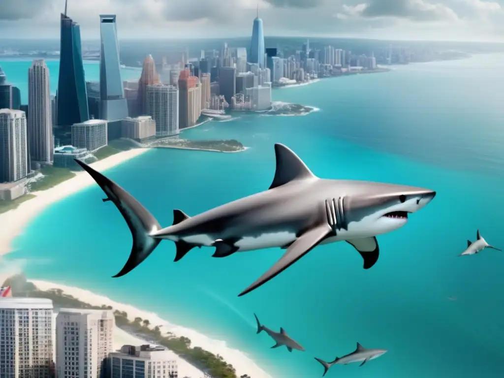 A hilarious shark mocks the chaos of a city skyline by filming for 'Sharknado 2: The Second One' in a turquoise sea