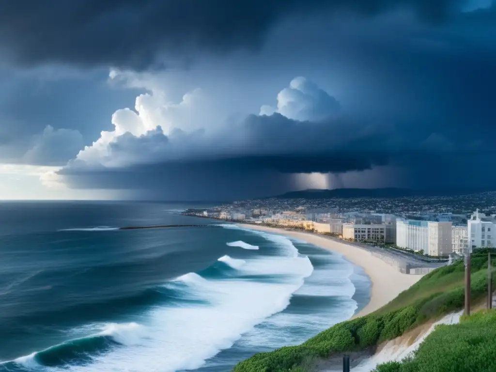 A suspenseful view of a bustling city, facing the endless sea