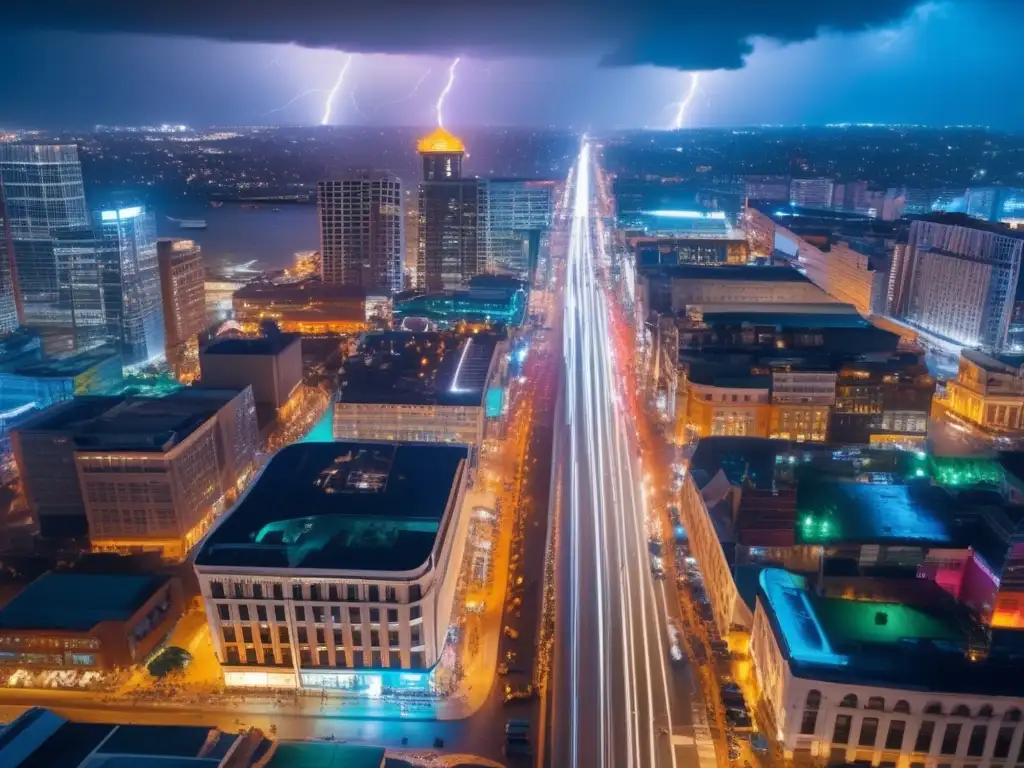 A stunning 8k resolution shot of a city street at night, filled with chaos and bright lights