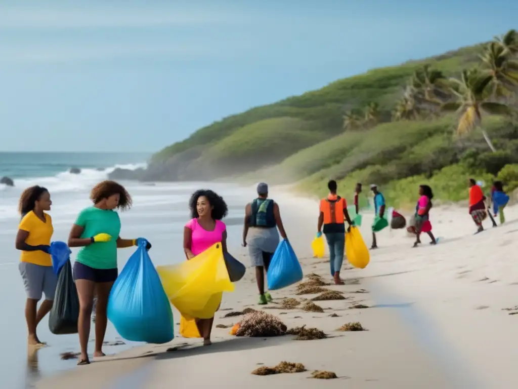 A diverse group of people in brightly colored clothing and armed with trash bags, picking up litter on a secluded beach