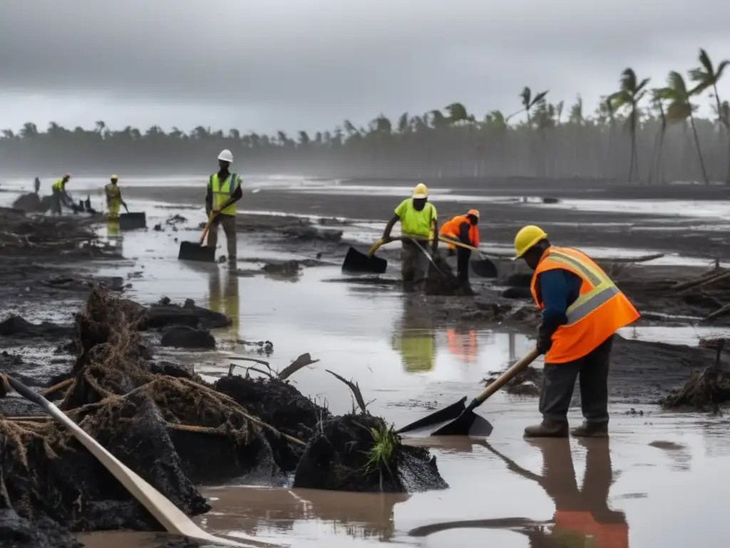 Amidst the wreckage of a hurricane-ravaged town, ERP workers tirelessly clean up the debris with shovels andongs