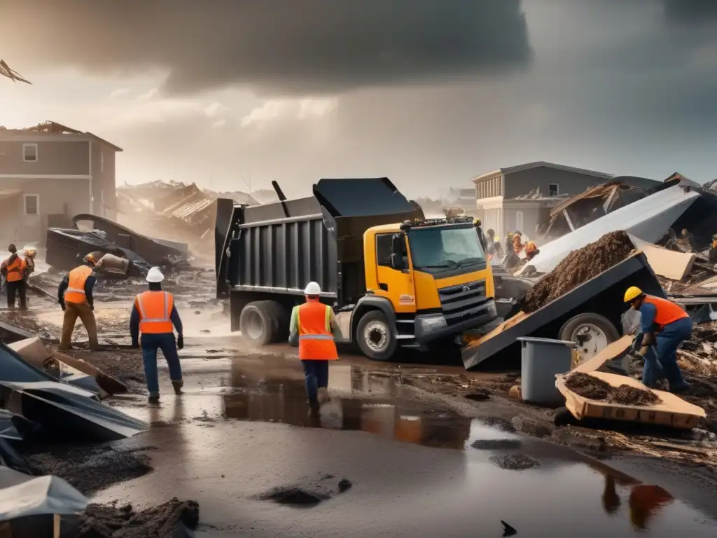 Dilapidated buildings and overturned vehicles in the foreground, with workers in gloves, helmets, and safety gear loading debris onto a disposal truck