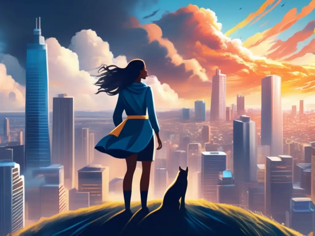 A woman stands atop a hill, overlooking a vibrant cityscape