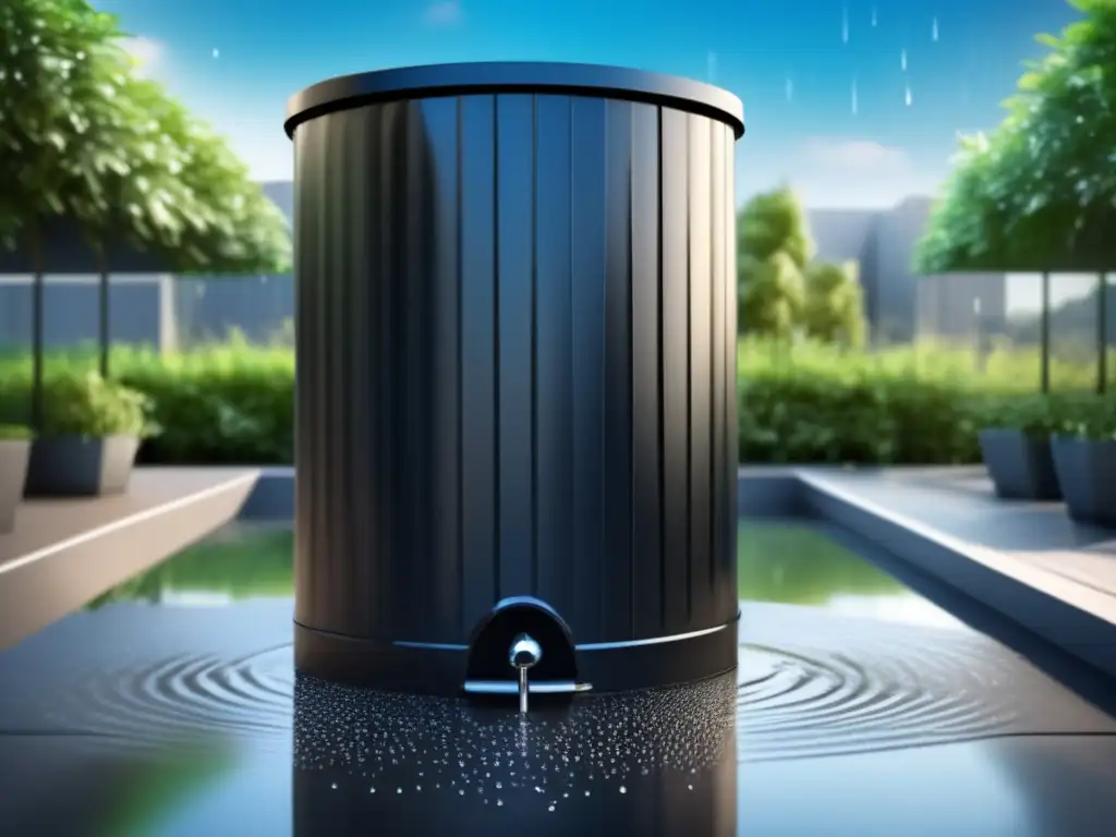 A modern, black rainwater collection barrel stands tall amidst a lush green background, exuding simplicity and functionality