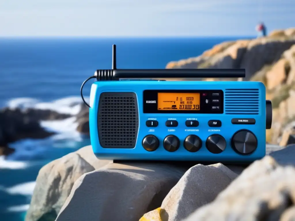 A stunning marine radio perched on a rocky cliff, surrounded by the vast blue sea, rugged coastline, and fishermen casting their nets