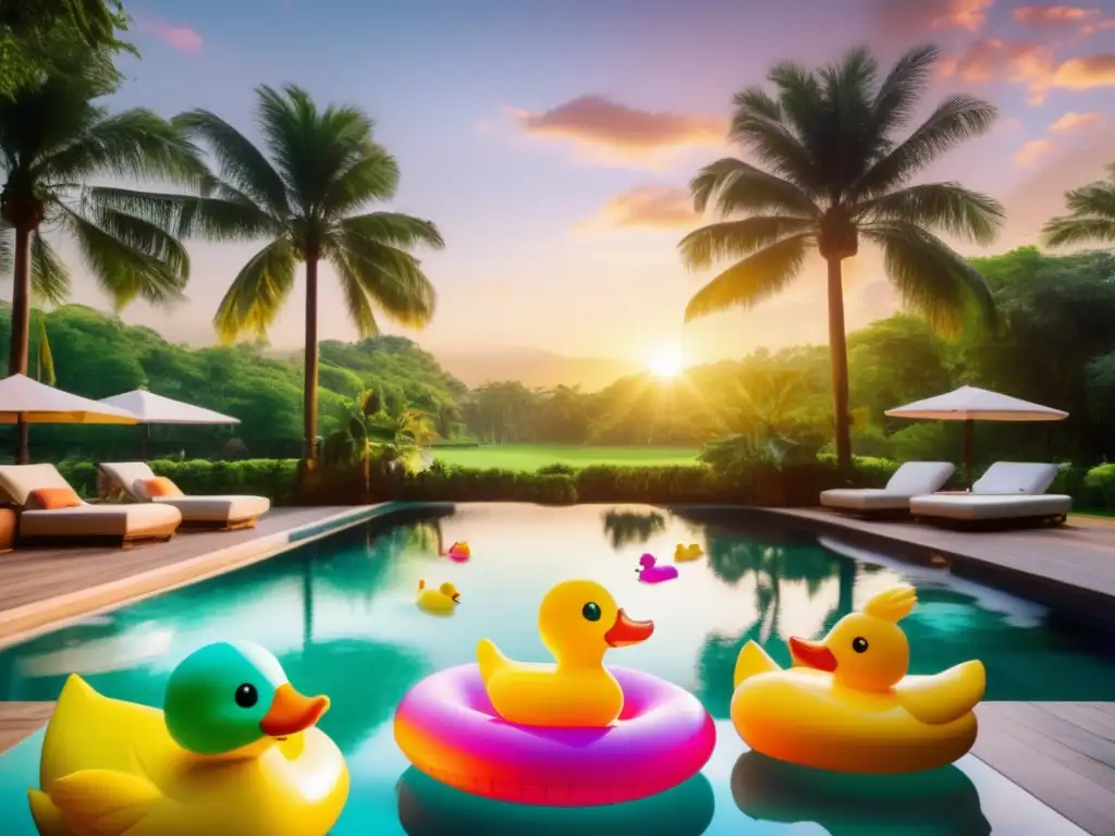 Serene pool with lounge chairs, rafts, and inflatable ducks surrounded by greenery and reflected in clear water