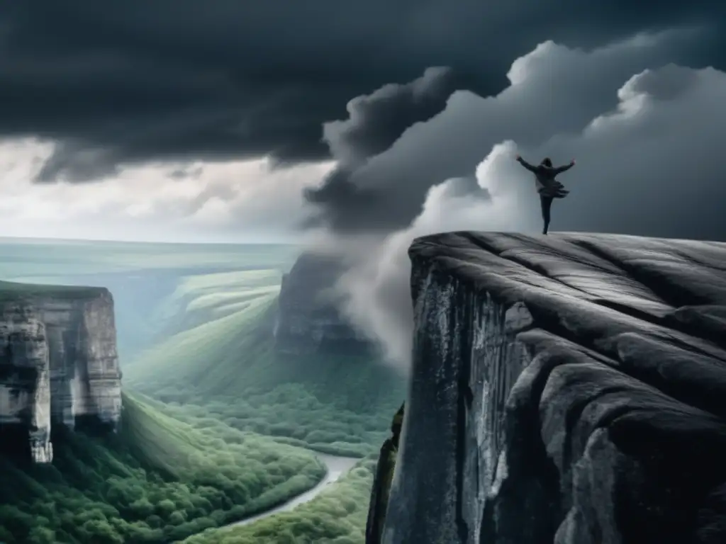 A person stands at the edge of a cliff, arms outstretched and face contorted with fear