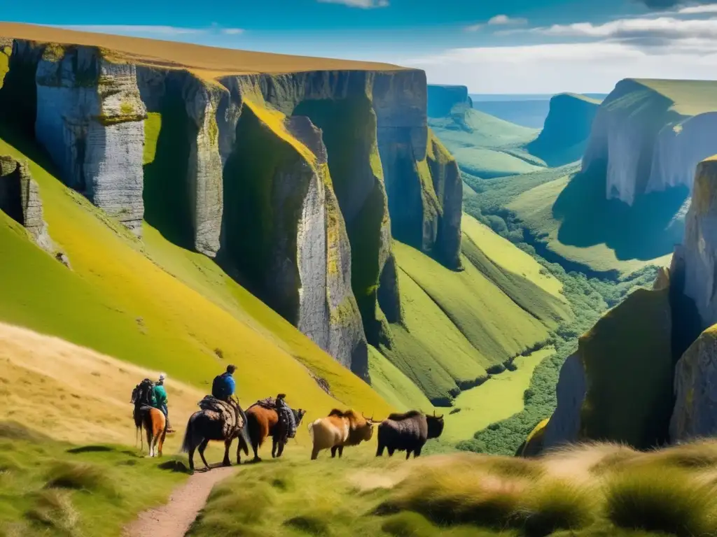 Six friends strategize on the dark green cliffs, their determination etched on their faces