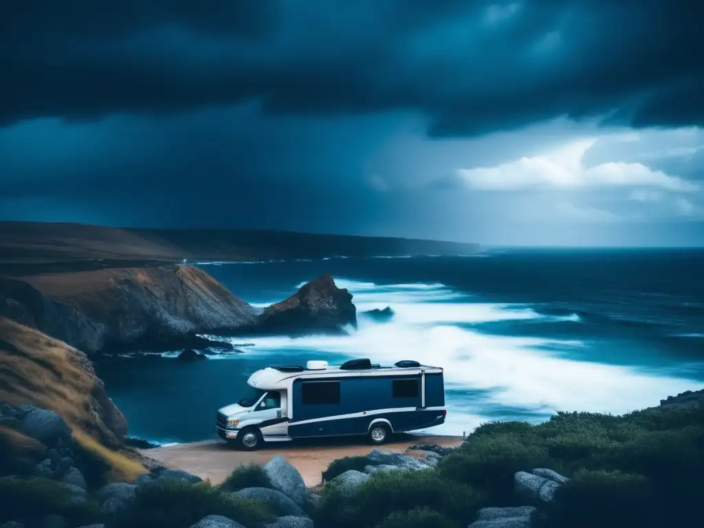 A dramatic RV rests amidst jagged cliffs, the ocean far below