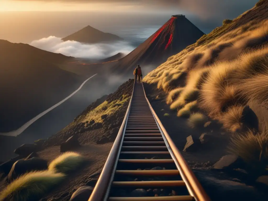 A majestic wooden ladder, standing tall and sturdy on a steep cliffside, leads the way into a fiery volcanic crater below