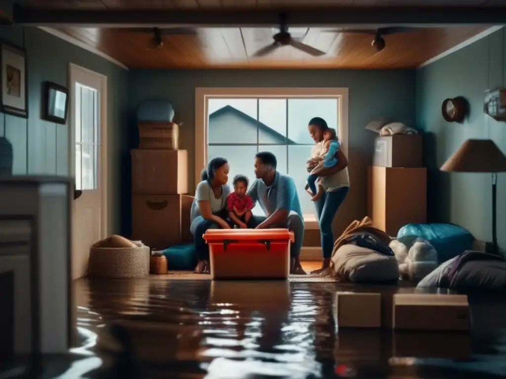 A family huddled together, safe amidst the chaos of flooded rooms and broken windows during a hurricane