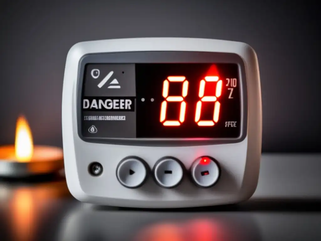 A cinematic-style photo showcases a black carbon monoxide detector with smoky gray background and warning symbols in white