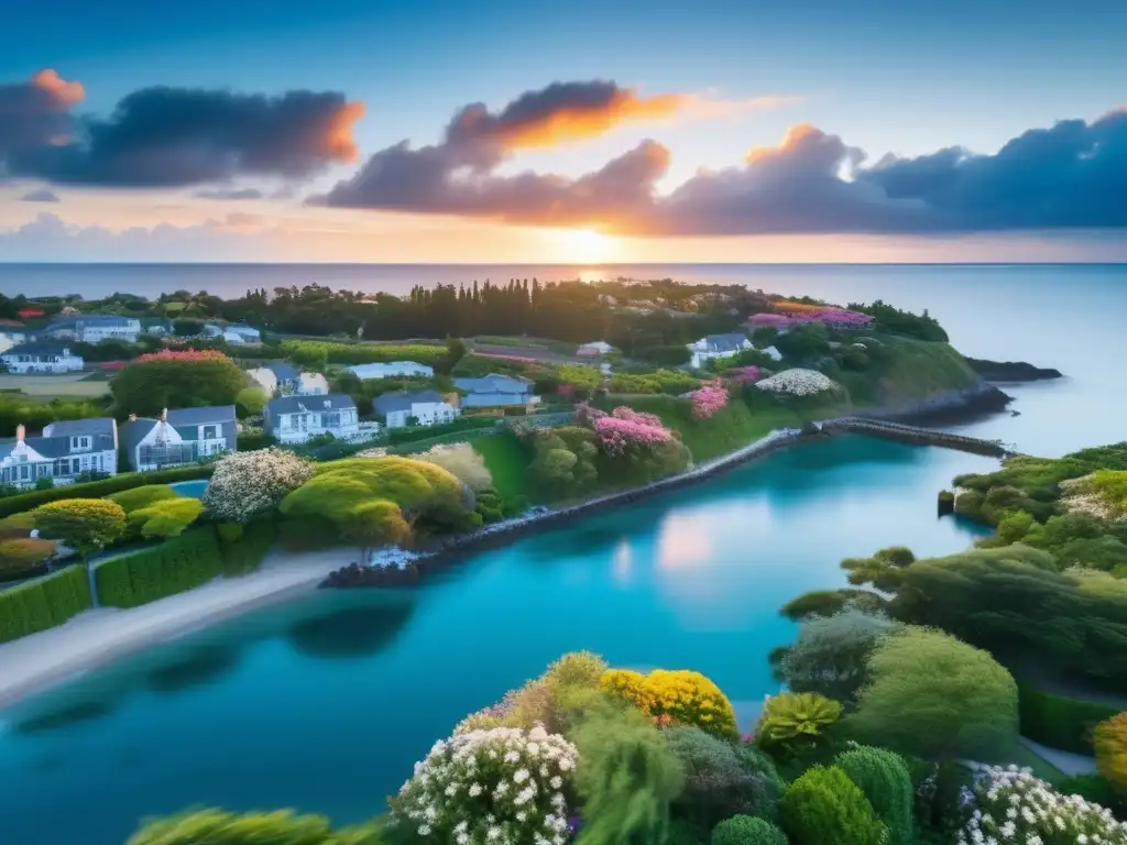 Serene aerial shot of a coastal town, with lush green trees swaying in the wind and calm blue waters reflecting the cloudy sky