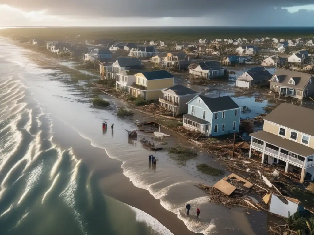 A devastating aerial shot of a coastal town ravaged by a hurricane