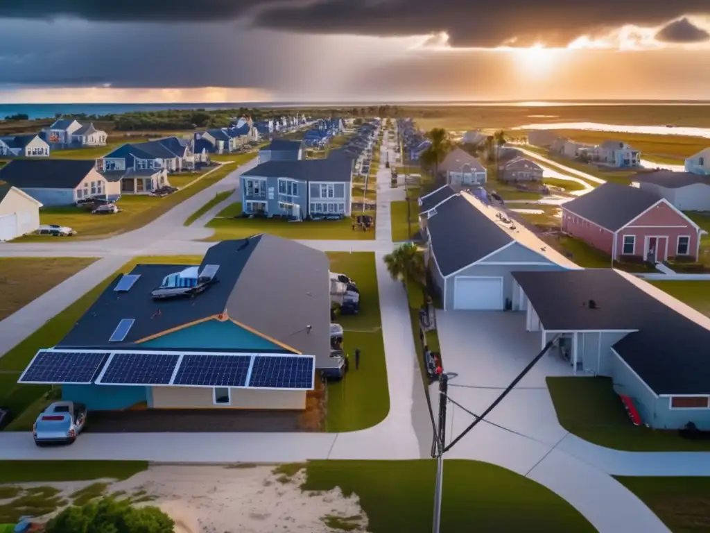 A devastating aerial shot of a coastal town ravaged by a hurricane, with a stormy sky and없quate infrastructure