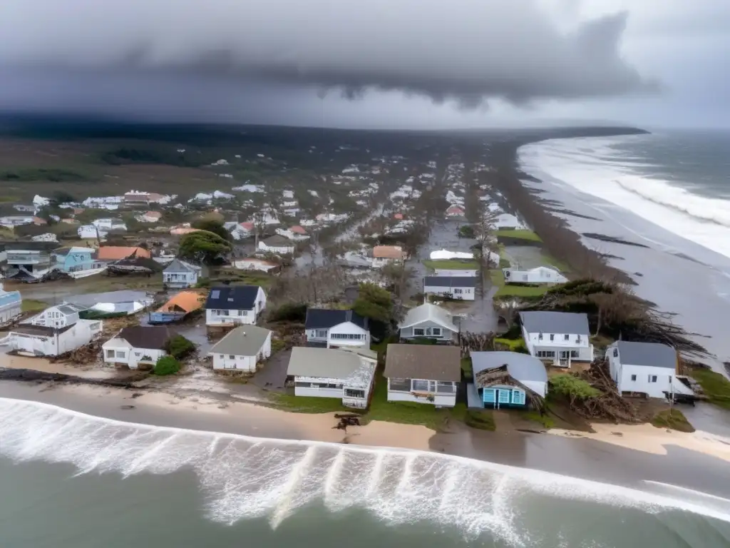 Sorrowful yet hopeful aerial view of a battered coastal town posthurricane, where debris and damaged buildings scatter across the landscape