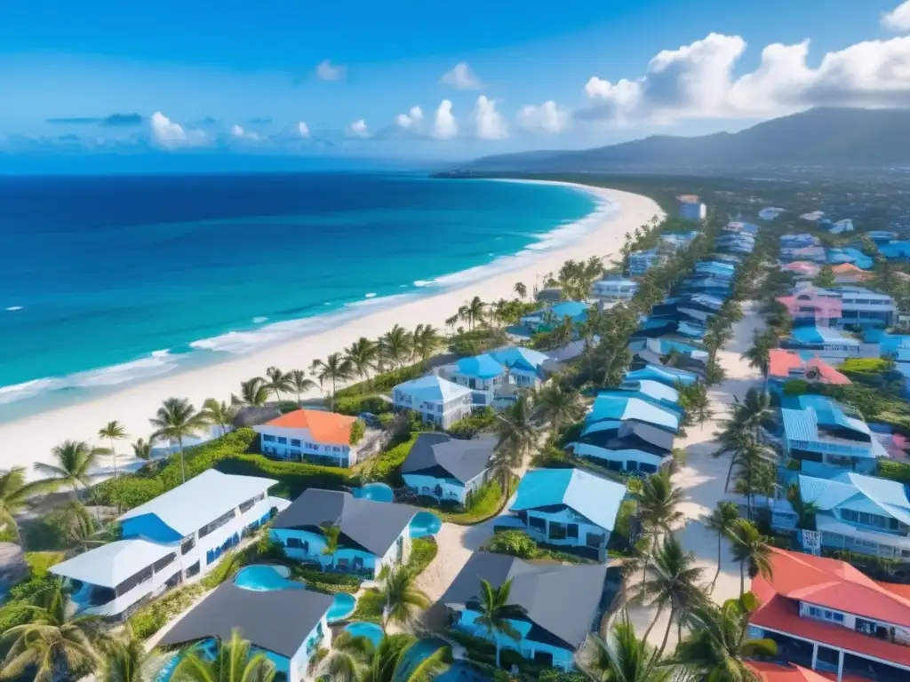 An enthralling aerial view of a coastal town, where the blue waves crash against the shore and the clear sky shines brightly in the background