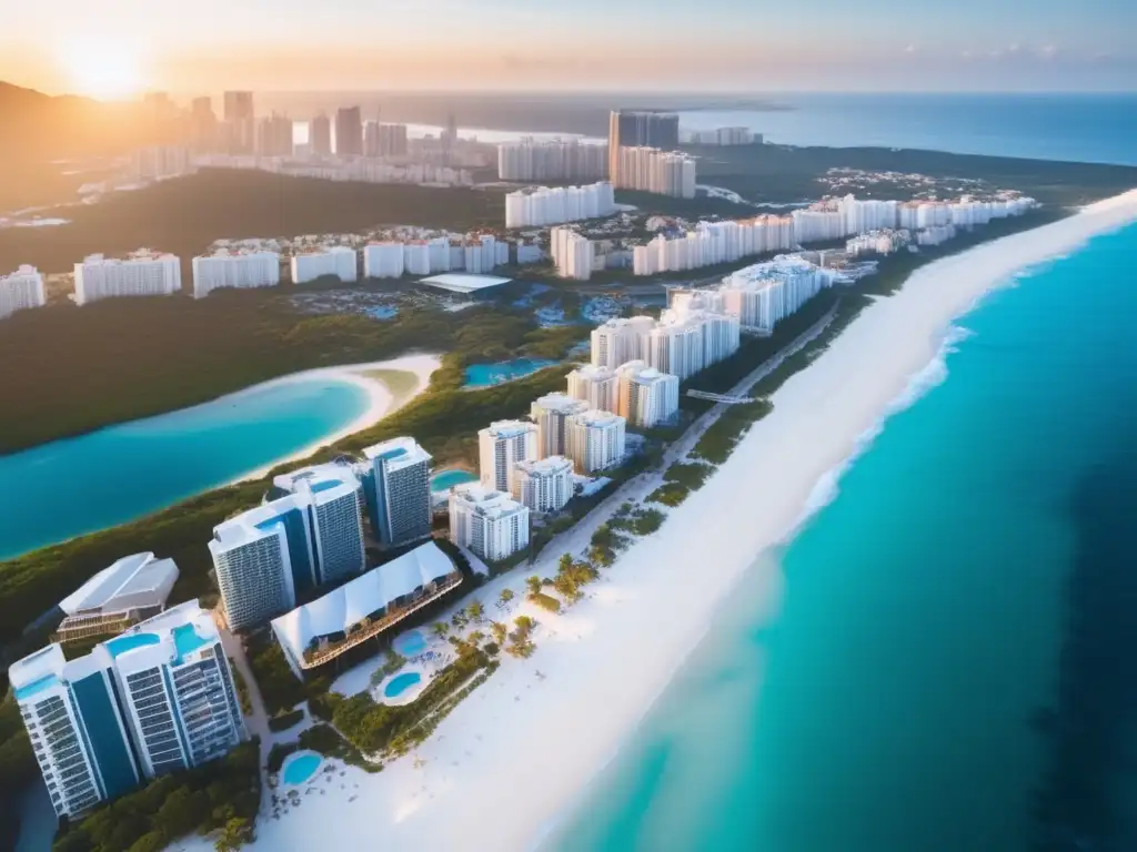 A breathtaking aerial shot of a small coastal city with pristine blue water and white sandy beaches in the foreground