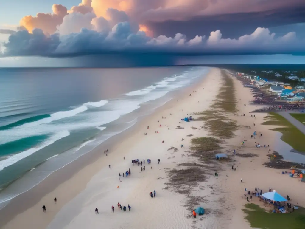 A powerful image of a coastal city at sunset, with a storm cloud in the distance and people gathered on the beach holding hands