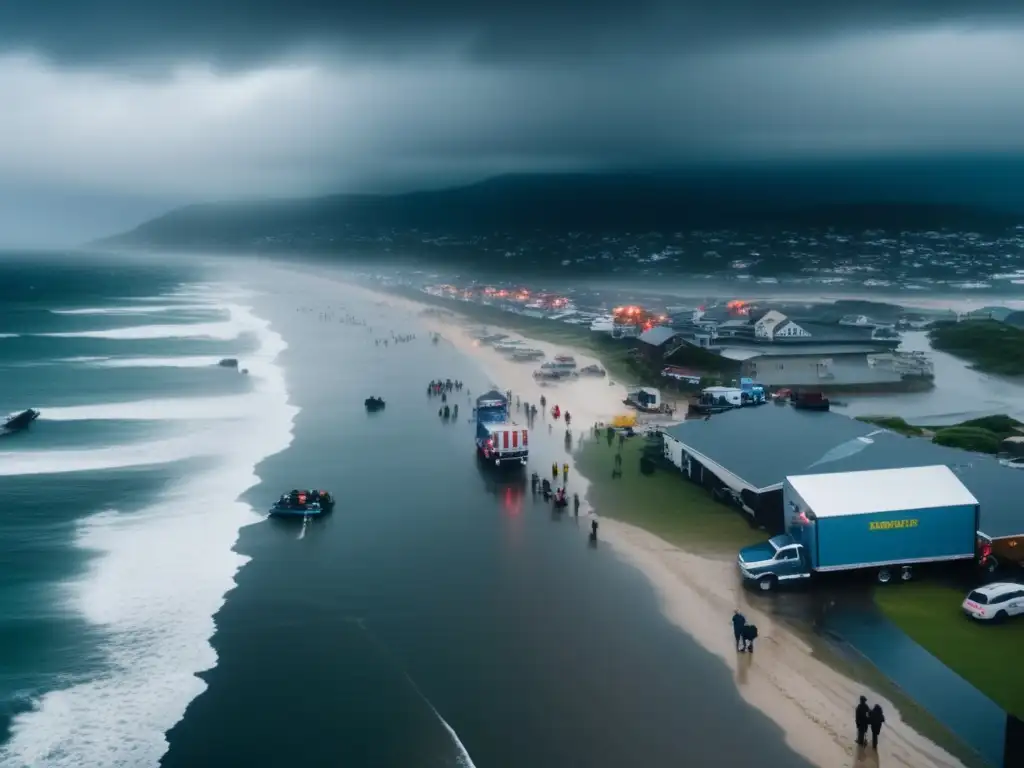 An aerial view of a coastal city on the brink of evacuation